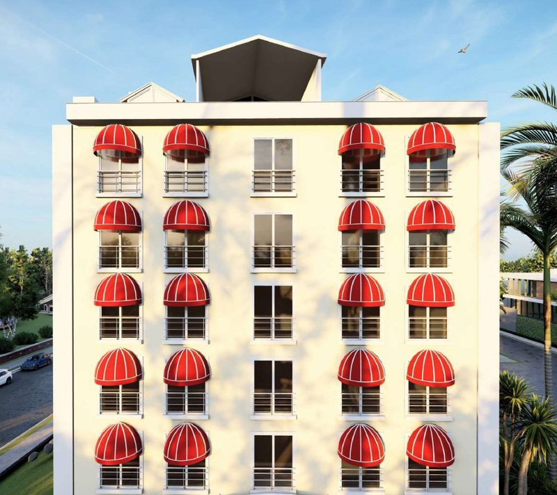 Katalog görseli: apartman pencerelerinde kırmızı karpuz tenteler
