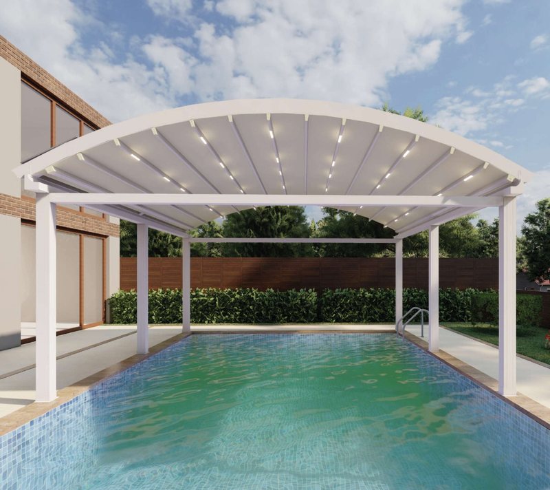 Katalog görseli: havuzun üzerinde kavisli raylı beyaz radyal pergola